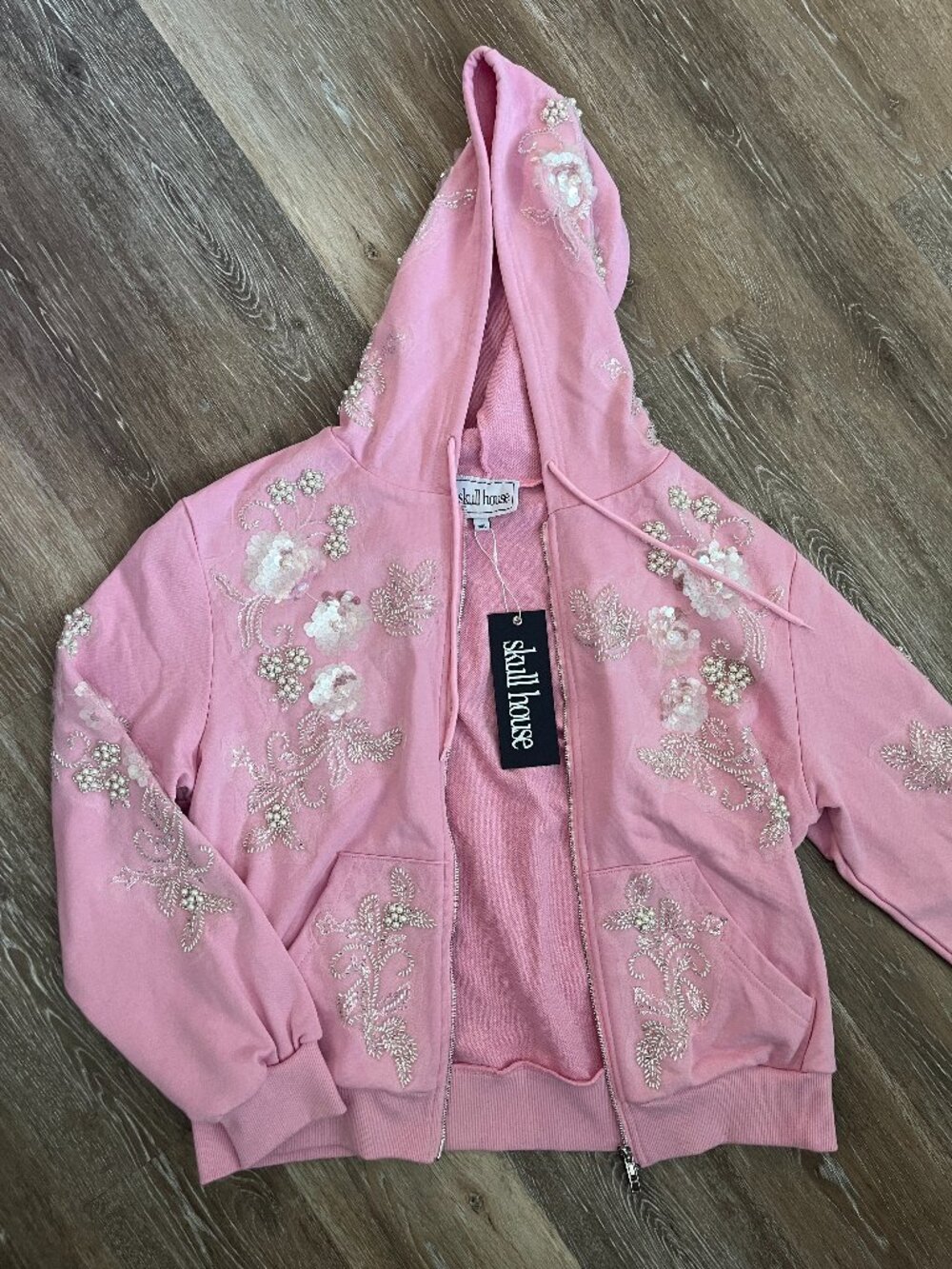 Skull House Embellished Sparkle Pearl Floral Pink Zip-Up Hoodie LIMITED EDITION